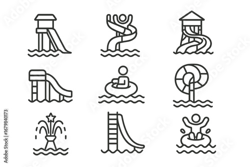 Water park line icons set, waterslide, splash pad, aquatic playground, pool slides, floating tube, lifebuoy, swimming pool symbols, summer activity, family fun, editable stroke vector illustration