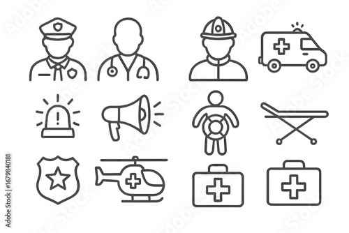 Emergency services icons depicting various roles and tools used in public safety and health response situations