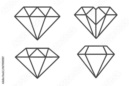 Diamond outline icon set. Linear vector symbols of gems and jewels. Editable stroke graphic illustration for luxury concepts, infographics, websites, and apps. Crystal logo.