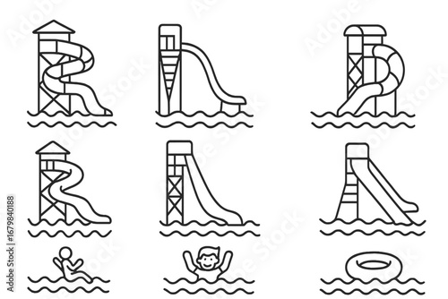 Water park slides line icons set. Thin stroke vector symbols: spiral tube, straight water slide, lifeguard, swimmer, pool ring. Editable outline collection for web, mobile app, kids activity design