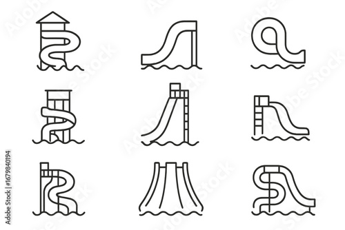 Water park slides icons set. Thin line vector symbols of spiral, straight, and curved water slides, swimming pool attractions, aquapark equipment. Editable stroke, web, app, leisure, summer concept.