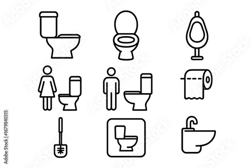 Restroom Toilet Bathroom Line Icons Set. Simple Clean Editable Stroke Vector. Urinal Toilet Paper Sink Brush Gender Symbols. Perfect for App UI, Web, Infographic, Signage, Graphic Design