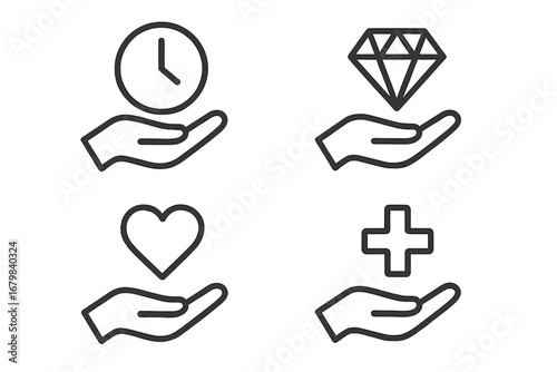 Giving and Protecting Set: Outline Hands Holding Time, Diamond, Heart, and Health Icons. Charity, Care, Support, Donation, Wealth, Life, Safety, Medical, Love Concept Line Art Vector Illustration