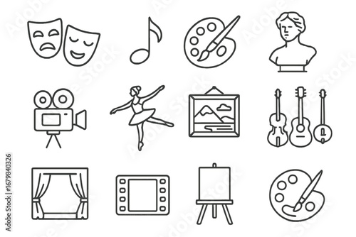 Collection of art and performance icons showcasing various creative activities and expressions