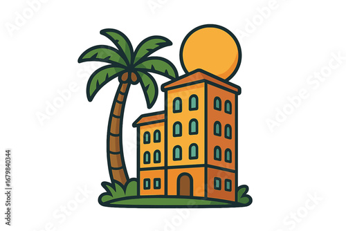 Tropical hotel resort building with palm tree and sun vector illustration. Summer vacation travel icon. Real estate apartment logo concept. Paradise island accommodation graphic.
