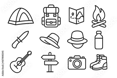 Camping essentials icon set. Outdoor gear, hiking accessories in line style. Vector cartoon illustration of adventure symbols. Travel, tourism, trekking, exploration.