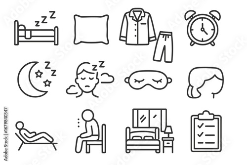 Sleep-related icons representing rest, relaxation, and bedtime routines in a minimalist style