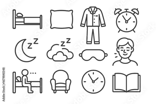 Sleep and relaxation icons illustrating bedtime routines, sleepwear, and comfort at home during night hours