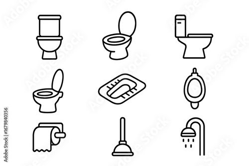 Bathroom and Toilet Line Icons Collection. Editable Stroke Vector Set. Modern Clean Symbols of Toilet, Urinal, Squat Toilet, Plunger, Toilet Paper, Shower. Restroom and Sanitary Graphic Illustrations