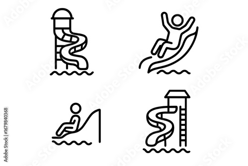 Water slide vector icons set. Thin line, editable stroke pack. Aquatic park, pool playground, kids splash ride, amusement theme park slides. Simple outline symbols for web, app, card, book design.