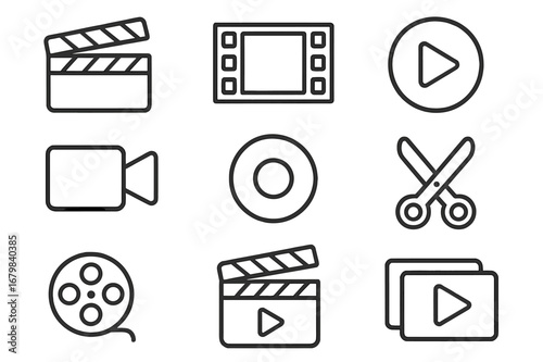 Film editing tools and icons showcasing video production process in a creative workspace