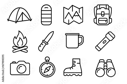 Camping essentials icon set. Hiking and travel gear outline icons. Vector collection for adventure, outdoor tourism. Includes tent, backpack, campfire, map, compass symbols.