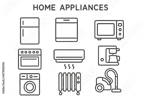 Home appliances including refrigerator, oven, microwave, washing machine, and vacuum cleaner in a modern kitchen setup