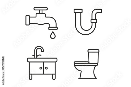 Plumbing and bathroom line icon set. Vector pictogram collection of faucet, toilet, sink, and pipe. Minimalist outline symbols for sanitary ware, hygiene, and water service.