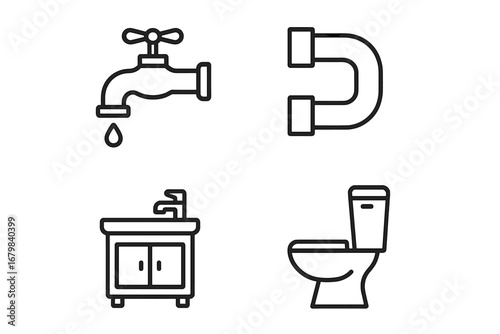 Set of bathroom and plumbing line icons. Faucet with water drop, pipe, toilet, and sink vanity. Minimalistic linear pictograms for web, apps, and graphic design. Vector.