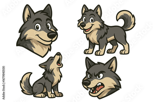 Wolf character mascot set. Vector cartoon illustration of wolf heads and full body poses. Cute, friendly, angry, and howling wolf pup collection for design elements.