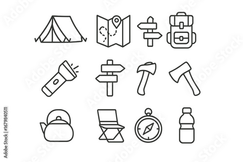 Camping and hiking essentials outline icon set. Outdoor adventure gear and equipment for trekking and travel. Vector line art symbols for tourism, exploration, and survival.
