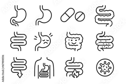 Digestion and intestine line icon set. Stomach, gut, bacteria, and digestive tract concepts. Medical icons for stomachache, heartburn, health, and medicine. Editable stroke.