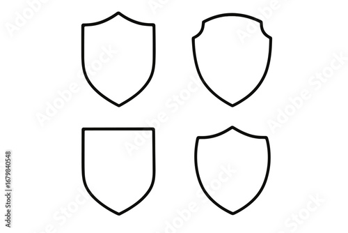 Modern shield icon collection thin outline editable stroke set. Vector security, protection, privacy, defense symbol pack. Web, app, UI, print, branding, infographic, card, transparent background.