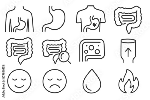 Digestion and intestine outline icon set. Gut health, stomach pain, bloating, heartburn. Gastroenterology, medical and healthcare vector line icons. Editable stroke.
