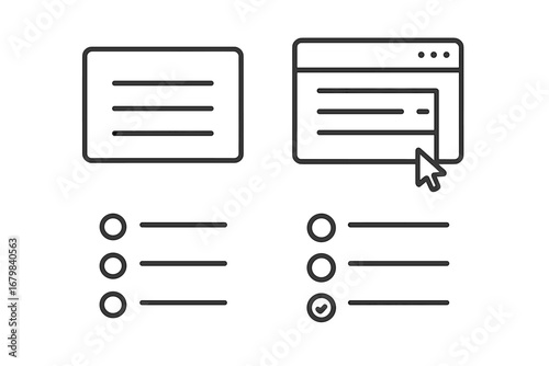 Vector line icon set of user interface elements. Includes website menu, task list, checklist, and form selection with cursor. UI UX concept for web design and app navigation.