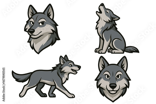 Wolf character mascot set. Vector cartoon illustration of gray wolves in various poses. Howling wolf cub, walking wolf, friendly wolf head for logo, icon or sticker.