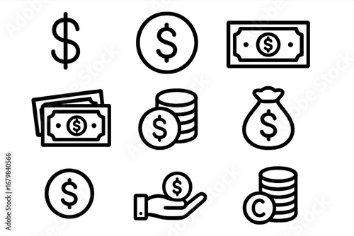 Money and finance simple line icon collection. Dollar sign, cash, coin, and payment symbols. Business, savings, and investment vector set with editable stroke for infographics.