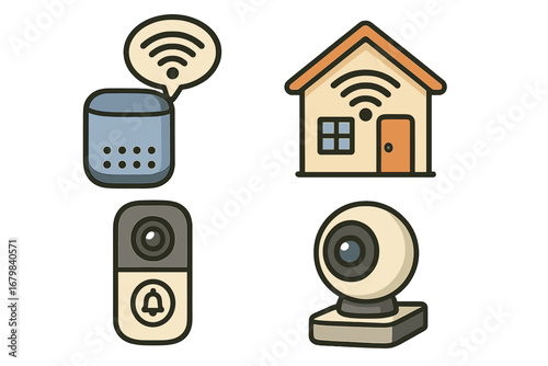 Smart home technology vector icon set. Home automation concept with security camera, smart speaker, video doorbell. Internet of Things (IoT) for convenience and security.