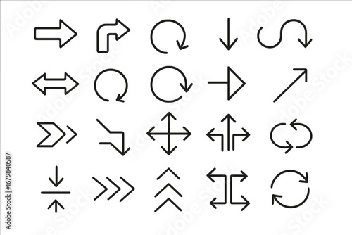 Big set of black arrow line icons. Vector pointer collection for web design, app and user interface. Navigation, direction, cursor and wayfinding signs. Reload, refresh, next.