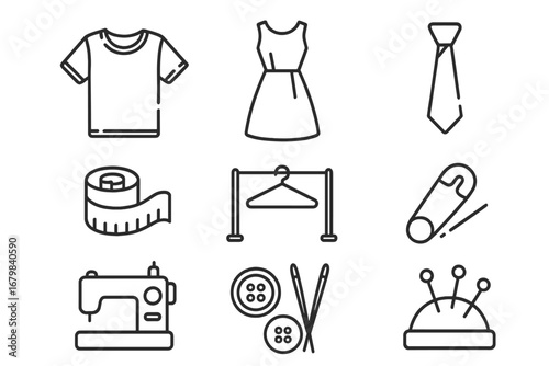 Sewing and garment making line icon set. Tailoring, fashion design and dressmaking concept. Editable stroke vector icons. Includes sewing machine, measuring tape and needles.