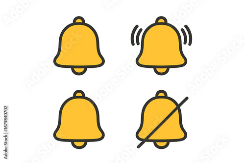 Notification bell icon set for web and mobile apps. Vector illustration of ringing, silent, and new message alert symbols. Subscribe button and reminder alarm concept design.
