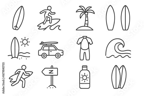 Surfing board beach vector icon bundle. Thin line editable stroke. Surfboard, wetsuit, car with board, waves, palm tree, sunscreen, sign, surfer. Summer water sports leisure lifestyle concept set.