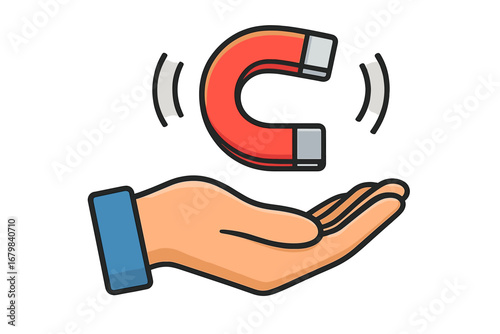 Hand with a horseshoe magnet. Metaphor for lead generation, customer attraction, and inbound marketing. Business concept of influence, engagement, and pulling power. Vector.
