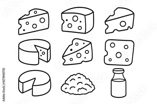 Cheese and dairy outline icon set. Assorted cheese slices, blocks & wheels. Vector cartoon of milk bottle, cottage cheese. Food ingredient, grocery product illustration.