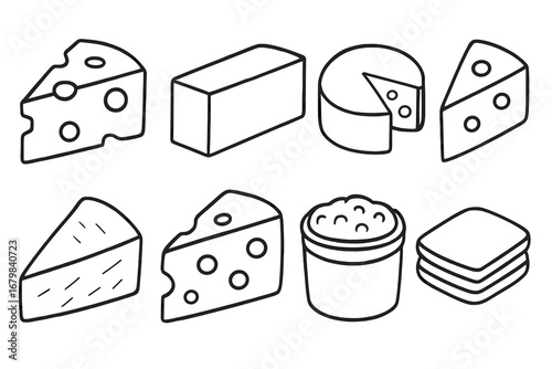 Cheese and dairy outline icon set. Assorted cheese slices, blocks, and wheels collection. Vector cartoon food illustration. Includes swiss, cheddar, and cottage cheese types.