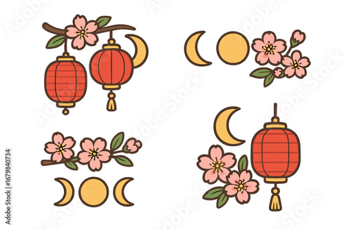 Chinese lantern and sakura blossom set for Asian festivals. Decorative moon phases, cherry flowers for Lunar New Year, Mid-Autumn celebration. Vector cartoon icon collection.