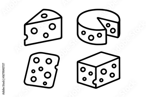 Cheese icon set in simple outline style. Dairy and gourmet food symbols for logos and graphic design. Vector collection of swiss cheese wedge, block, slice and wheel illustrations.