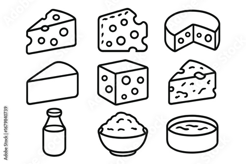 Cheese and dairy product outline icon set. Assorted food collection with slices and blocks. Vector cartoon illustration of milk, yogurt, parmesan, brie, and swiss cheese.