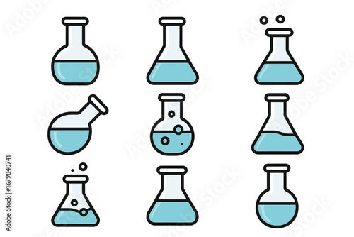 Science lab flask icon set. Chemistry laboratory glassware with liquid. Chemical reaction, research, experiment concept. Vector beaker, test tube pictogram for web and app.