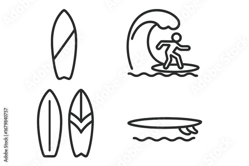 Surfboard and Surfing Icon Set for Web, Apps, Print. Editable Stroke Beach Elements. Cartoon Vector Surfboards and Surfer Riding Wave Isolated. Minimal Line Style for UI, Posters, Branding.