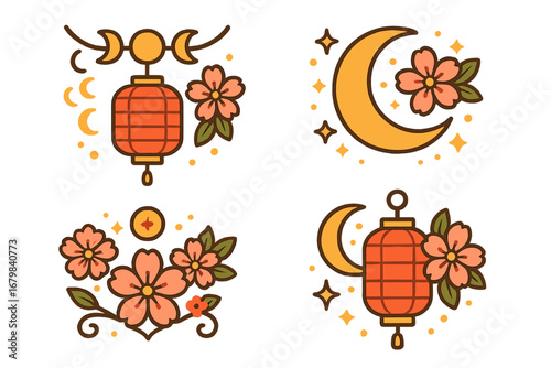 Asian decorative symbols set with lantern, moon phases, cherry blossoms. Mystical oriental vector icons for seasonal celebration. Japanese sakura flower, celestial moon, festival logo.