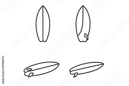 Surfboard outline icon collection. Simple linear surfboard set. Editable stroke. Minimalist vector illustrations for web, app, beach sports, summer, leisure activity, travel, tropical concept.