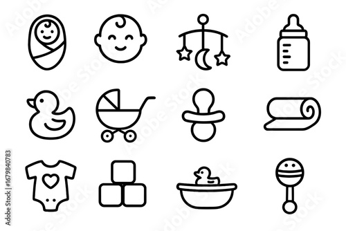 Baby care thin line icons set. Newborn and infant symbols for parenting and maternity. Vector collection of stroller, bottle, pacifier, duck, rattle, baby shower items.