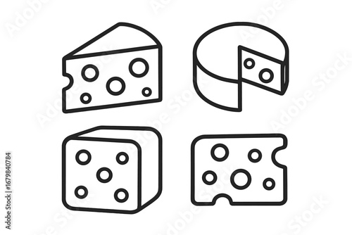 Cheese icon set in thin line style. Collection of dairy and gourmet food symbols. Vector cartoon illustration of swiss cheese wheel, slice, and block for creative projects.