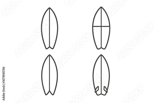 Surfboard outline vector collection. Minimalist linear surf board shapes. Editable stroke icons for web, apps, print. Clean ocean sport equipment illustrations. Cartoon flat line surfboards set.