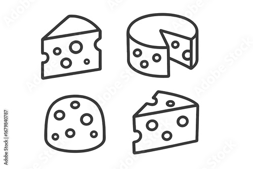 Cheese icon set in simple outline style. A collection of vector graphic symbols for dairy and gourmet food concepts. Includes swiss cheese wheel, wedge, and slice icons.