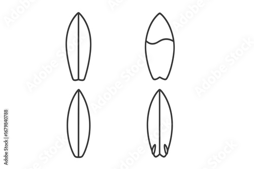 Surfboard outline vector collection. Simple linear cartoon surf boards set. Editable stroke. Minimalist surfing board design isolated. Perfect for websites, books, cards, apps, transparent background.