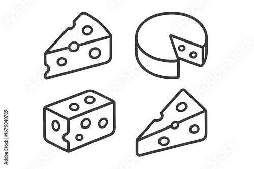 Cheese icon set in outline style. Collection of linear icons for dairy food and gourmet products. Vector illustration of cheese wedge, slice, block and wheel for menu.