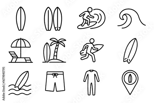 Surfboards and Surfing Thin Line Icon Set. Beach vacation collection. Editable stroke vector illustration for web, apps, cards. Includes surfboard, wave, palm, wetsuit, shorts, location pin, surfer.