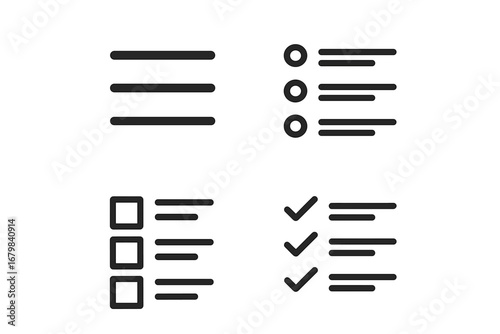Set of menu and list icons for UI and UX design. Hamburger menu, navigation button, checklist, and to-do list symbols. Simple linear icons with editable stroke for web.
